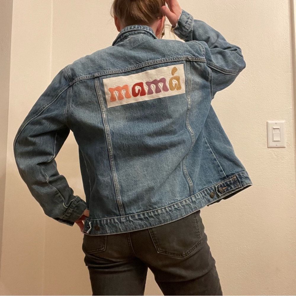Reworked distressed Denim Jacket with Colorful 'mamá' appliqué patch